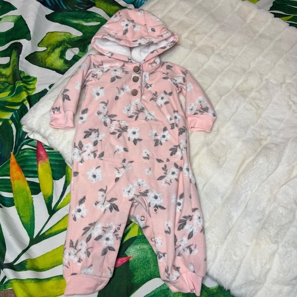 Carters 6M Light Pink Floral Faux Sherpa Lined Winter Coverall Jumpsuit - Picture 3 of 11